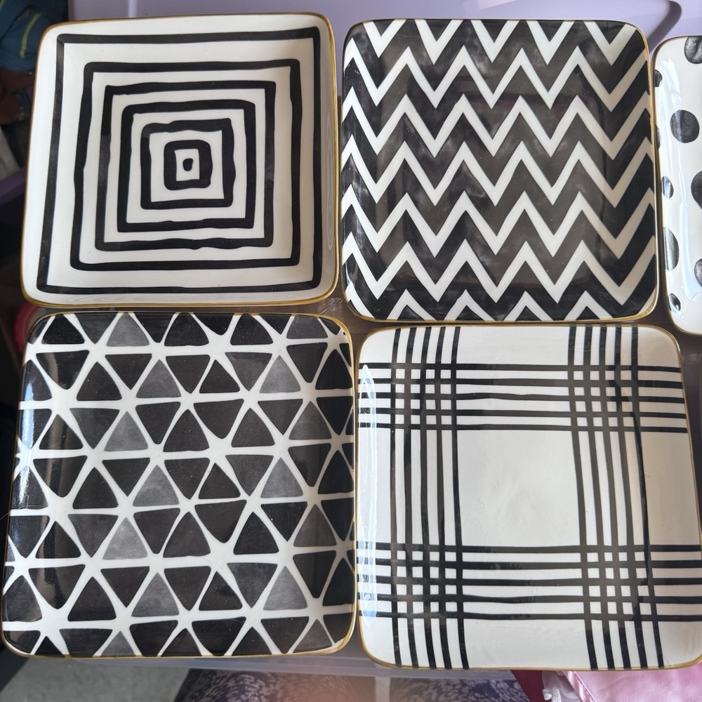 Over and Back Appetizer 7" Square Plates 6 Pack Geometric Black White Cottage